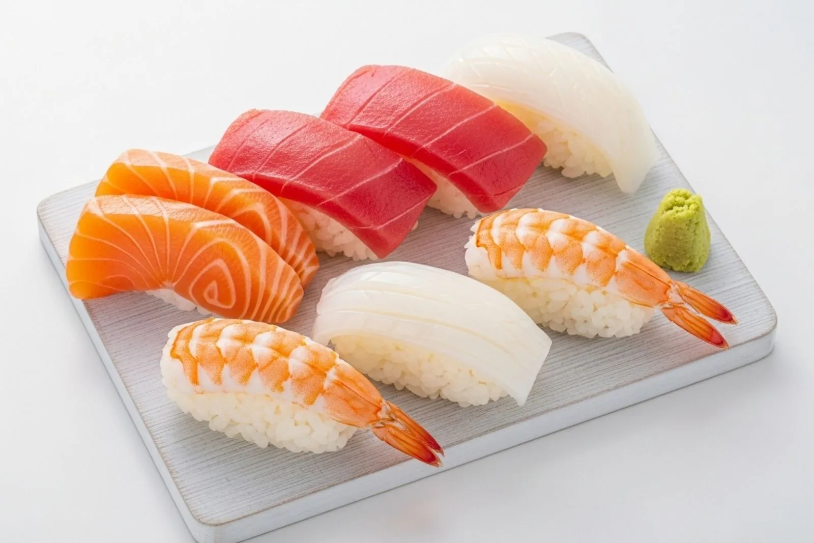 Plate of assorted nigiri sushi with salmon, tuna and shrimp